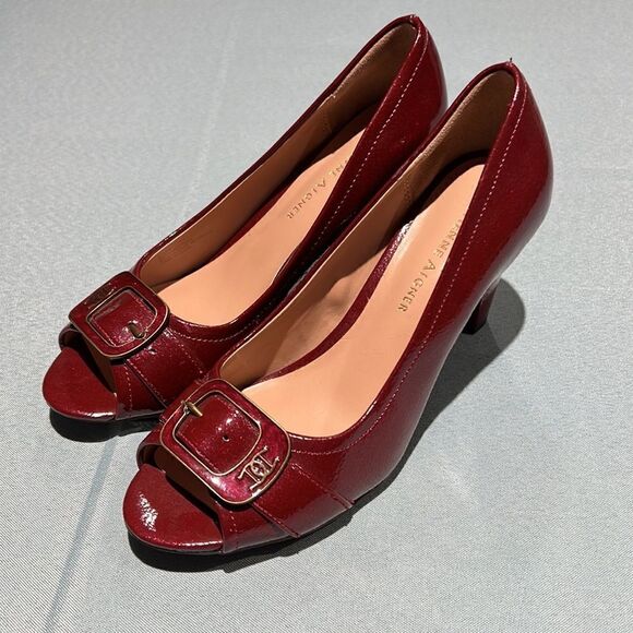 ETIENNE AIGNER Dune Red Patent Vegan Open-Toe Heels Shoes Size 6.5M Buckles B42 - Picture 2 of 10